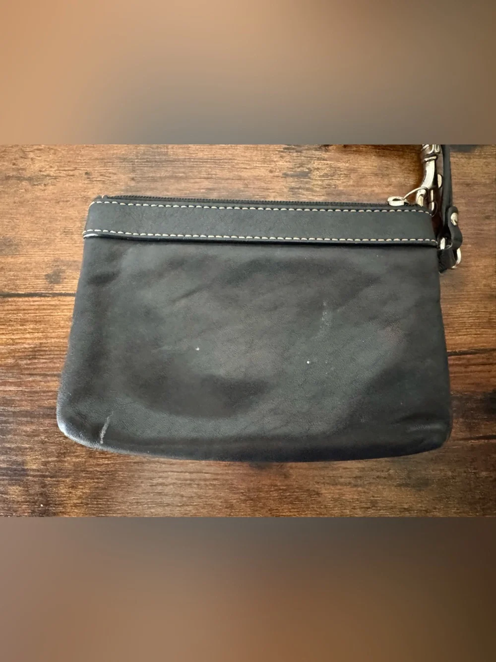 Coach Black Leather Wristlet Zip Pouch Clutch Silver Hardware Small Bag